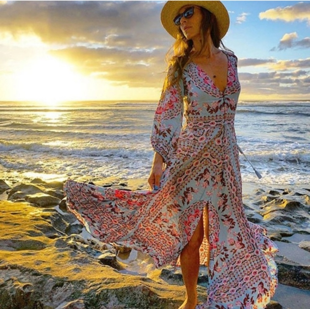 Blue and Pink Long Sleeve Dress - Picture 2 of 7